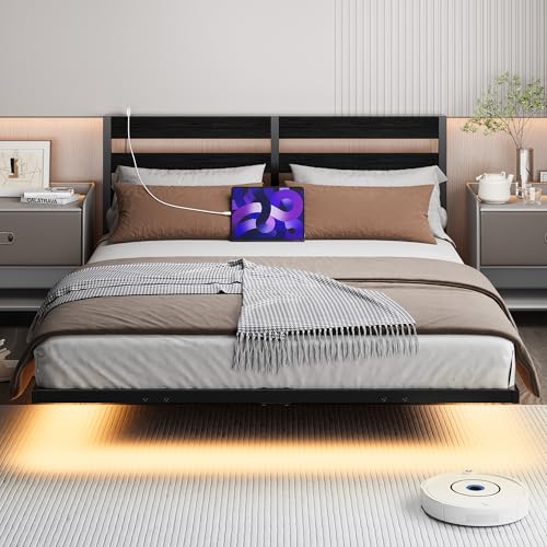 Floating Full Size Bed Frame with Headboard and Storage,Metal Platform Bed Frame Full Size with Charging Port and LED Lights,No Box Spring Needed,Easy Assembly,Noise Free,Heavy Duty Black Bed Frame SOLACECASA