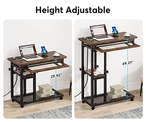 Tribesigns Small Portable Desk with Power Outlet, Height Adjustable Sofa Couch Bedside Laptop Table with Wheels, Mobile Standing Desk Rolling Computer Cart C Side Table with USB Ports Tribesigns