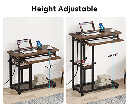 Tribesigns Small Portable Desk with Power Outlet, Height Adjustable Sofa Couch Bedside Laptop Table with Wheels, Mobile Standing Desk Rolling Computer Cart C Side Table with USB Ports - WoodArtSupply