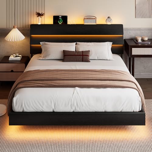 Einhomn Floating Bed Frame King with Led Lights & Charging Station, King Size Platform Bed Frame w/Storage Headboard, Heavy Slats Support, No Box Spring Needed, Easy Assembly, Black Einhomn