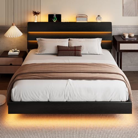 Einhomn Floating Bed Frame King with Led Lights & Charging Station, King Size Platform Bed Frame w/Storage Headboard, Heavy Slats Support, No Box Spring Needed, Easy Assembly, Black Einhomn