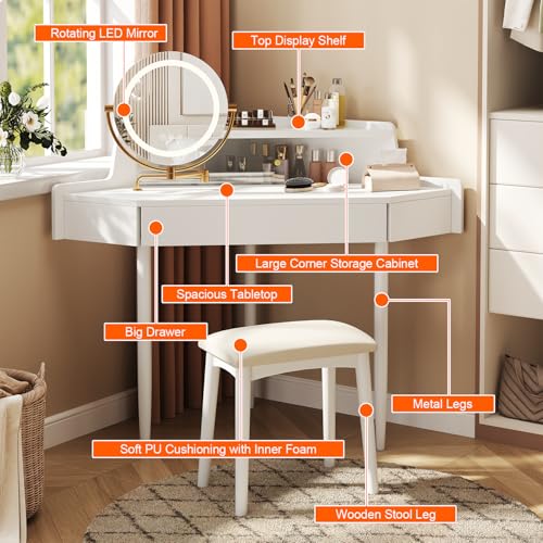 Merax Corner Vanity Desk with Mirror and Lights and Stool, White Makeup Vanity with Storage & Adjustable Light, Girl Glass Top Dressing Table with Small Sliding Glass Door, Drawer and Display Shelf Merax