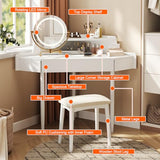 Merax Corner Vanity Desk with Mirror and Lights and Stool, White Makeup Vanity with Storage & Adjustable Light, Girl Glass Top Dressing Table with Small Sliding Glass Door, Drawer and Display Shelf Merax