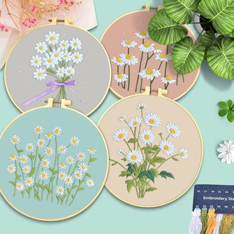 ERKOON 4 Set Embroidery Kit for Beginners, Cross Stitch Set Include Embroidery Cloth Hoops Threads for Craft Lover Hand Stitch with Embroidery Skill Techniques (Daisy) ERKOON