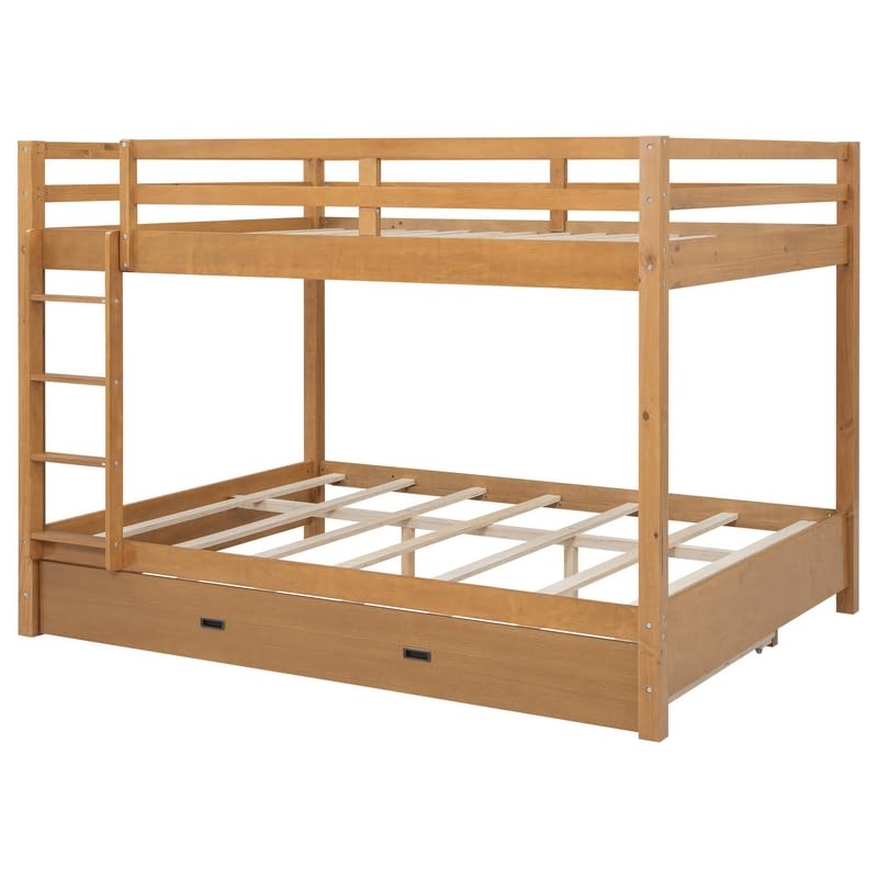 Merax Queen Size Bed with Trundle - Space-Saving Solid Wood Frame, Built-in Safety Rails and Ladderm, Wood Merax