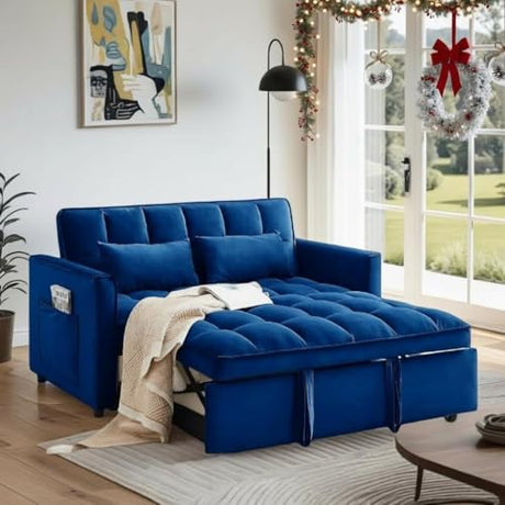 3 In 1 Velvet Convertible Sofa Bed, Pull Out Couch Bed with Reclining Backrest And 2 Pillows, 54" Full Size Loveseat Sleeper Sofa Futon Couch Bed, Couches For Small Spaces, Living Room (Blue) anwickjeff