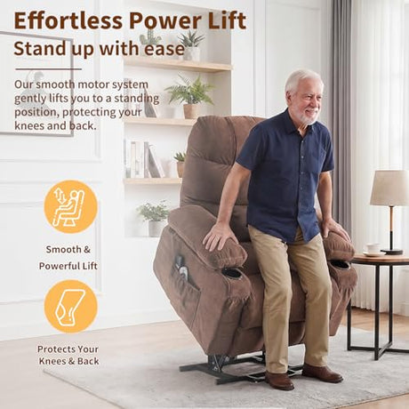 PoteSoar Power Lift Recliner Chair for Elderly with Massage and Heat, Comfortable Electric Power Reclining Chair with Side Pockets,2 Cup Holders and USB Charging Port for Living Room (Dark Brown) PoteSoar