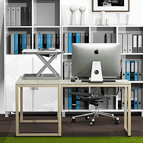 SHW 32-Inch Height Adjustable Standing Desk Converter Riser Workstation with Drawer, White SHW