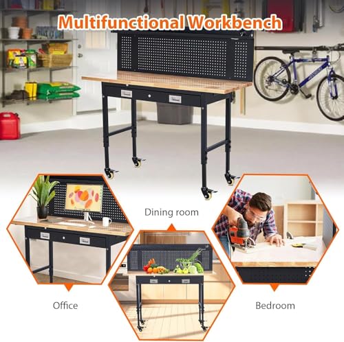 60-Inch Garage Workbench with Wheels, Adjustable Rubber Wood Top Garage Workbench with Pegboard & Drawer & Power Outlet, 2000 lbs Load Capacity, for Workshop, Woodworking, Office WARMTOBABY