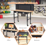 60-Inch Garage Workbench with Wheels, Adjustable Rubber Wood Top Garage Workbench with Pegboard & Drawer & Power Outlet, 2000 lbs Load Capacity, for Workshop, Woodworking, Office WARMTOBABY