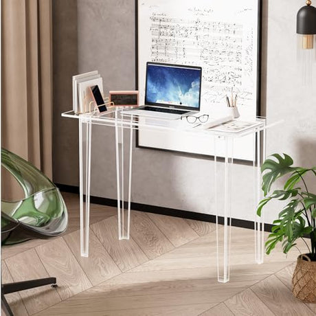 Acryve Acrylic Desk - Clear Acrylic Table, Modern Home Office Study Table, Extended Surface Multi-Purpose Console, Sturdy Lightweight Workstation for Small Spaces (Transparent-L) Acryve