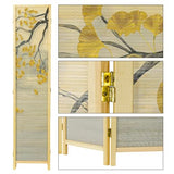 MyGift 6 Panel Large Bamboo Room Divider with Dual Sided Asian Birds Gingko Biloba Tree Sunset Design Print, 6FT Freestanding Artwork Privacy Partition Folding Screen with Beige Solid Wood Frame MyGift