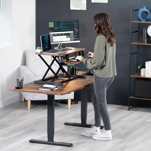 VIVO 32 inch Desk Converter, K Series, Height Adjustable Sit to Stand Riser, Dual Monitor and Laptop Workstation with Wide Keyboard Tray, Vintage Brown Top, Black Frame, DESK-V000KN VIVO