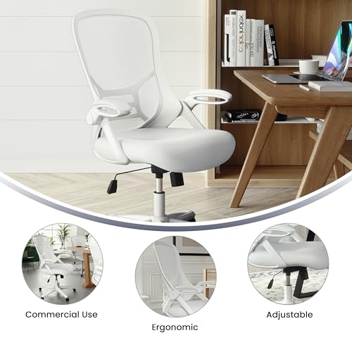 Flash Furniture Porter High-Back Swivel Office Chair with Adjustable Lumbar Support and Height, Ergonomic Mesh Desk Chair with Flip-Up Armrests, White Flash Furniture