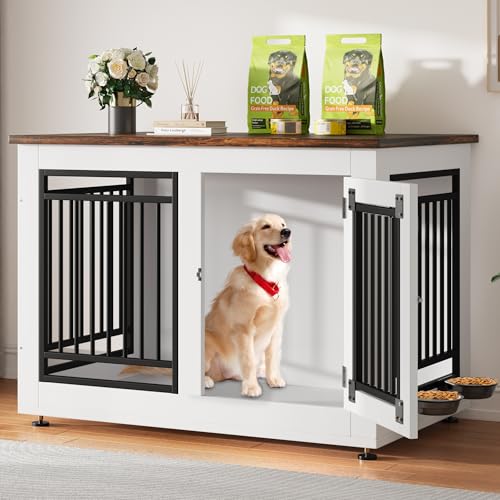 YITAHOME 39" Dog Crate Furniture, Wooden Side End Table with Adjustable Feet and Removable Bowls, Dog Kennel Indoor for Medium Large Dogs YITAHOME