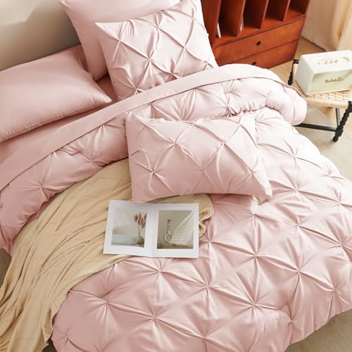 CozyLux Twin XL Comforter Set Blush Pink, 5 Pieces Twin Extra Long Pintuck Bed in A Bag for College Dorm, Pinch Pleat Bedding Set with Comforter, Sheets, Pillowcase & Sham CozyLux