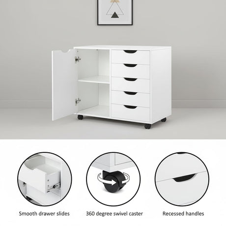 5-Drawer Dresser with 2-Shelf Cabinet, White, Smart Storage, Streamlined with Adjustable Dividers, Lockable Casters & Smooth Slides; Multi-Use Rolling Storage for Office, Craft Room, Bedroom Naomi Home