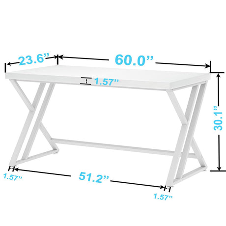 LVB Modern White Computer Desk, Long Industrial Home Office Desk for Student, Large Metal Wood Writing Study Work Desk, Farmhouse Executive Gaming Computer Table for Bedroom Living Room, White, 60 in LVB