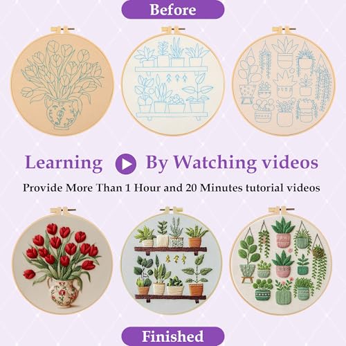 3 Pack Embroidery Kit for Adult Beginners, Needlepoint Cross Stitch Kits with Flower and Green Plant Stamped Patterns, Embroidery Hoop, Tools,Colorful Threads,Step by Step Instructions,DIY Starter Kit