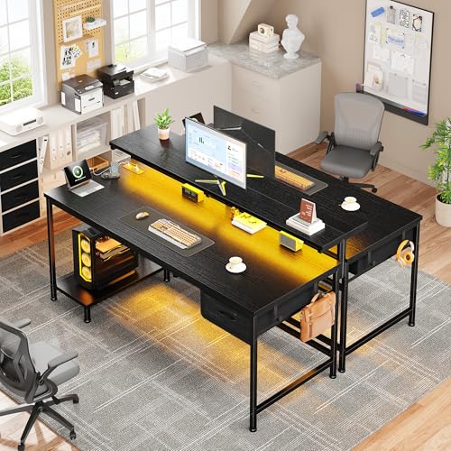DurayLoly 47.2" Gaming Desk with Power Outlet and LED Lights,Computer Desk with Adjustable Monitor Stand and Drawer,Office Desk with CPU Stand for Home Work,Study and Gaming, Small Spaces,Black DurayLoly