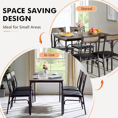 VECELO Dining Table Set for 4, Kitchen Table Set with 4 Chairs for Small Space, Space-Saving and Modern Design, Apartment, Easy to Assemble, Retro Brown VECELO