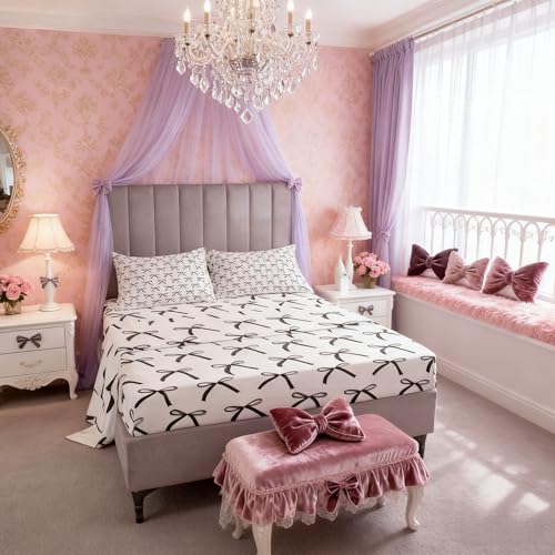 Cartoon Bowknot Kids Sheet King Size,Bow Tie Geometric Patchwork Modern Bedding Set,Girls Women Room Decor,Bow Butterfly Knot Black White Simple Bed Sheet Set 4pcs(Fitted + Flat + 2 Pillowcases) Manfei