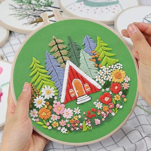 Louise Maelys Embroidery Kits for Beginners,Cross Stitch Kit for Adults,DIY Needlepoint with Forest Garden House Pattern,Including Hoop,Threads and Instructions