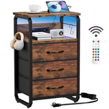 runjuly Bed Side Table with 3 Fabric Drawers, Night Stand with Charging Station, LED Nightstand with Hooks, Bedside Table End Table with Storage, Night Table for Living Room, Bedroom (Rustic Brown) runjuly