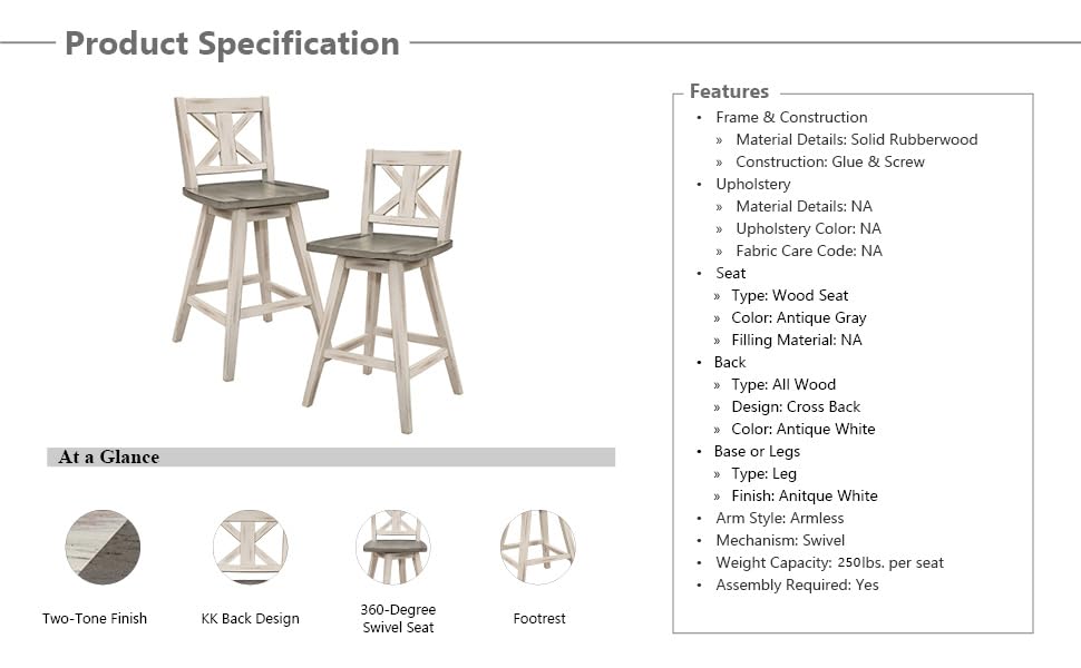 Lexicon Swivel Counter Height Bar Stools-Set-of-2, Modern Solid Wood Kitchen Stools Counter Height, High Back, Swivel Seat, Footrest for Kitchen Island, Easy Assembly, X-Back, 24" SH, White Lexicon