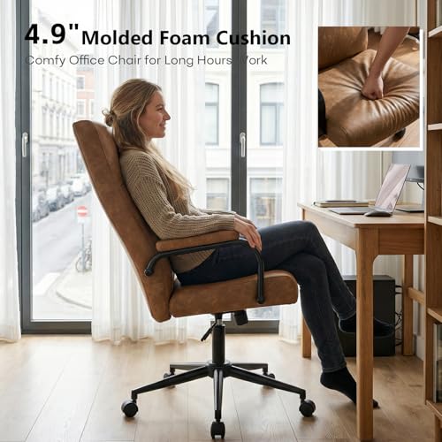 GXJ Brown Leather Office Chair with Wheels, Memory Foam Height Adjustable Computer Deak Chair, Rolling Swivel Executive Chair for Home Office GXJ
