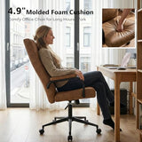 GXJ Brown Leather Office Chair with Wheels, Memory Foam Height Adjustable Computer Deak Chair, Rolling Swivel Executive Chair for Home Office GXJ