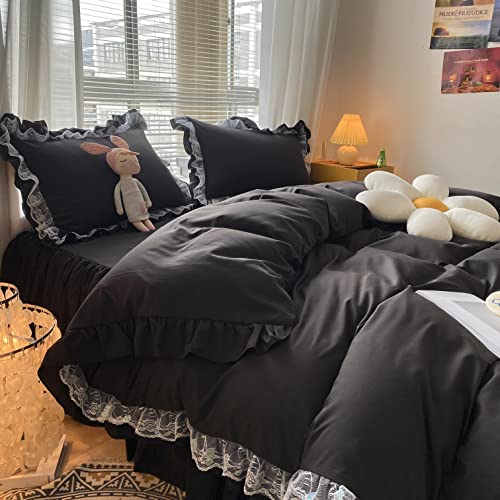 MOOWOO Chic Ruffle Lace Polyester Duvet Cover Set - Luxury Premium Black Bedding-2 Piece Twin Duvet Cover with Zipper Closure -Ultra Soft and Light Weight(Black, Twin) MOOWOO