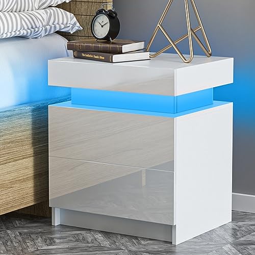 HOMMPA LED Nightstand White Nightstand with Led Lights Modern Night Stand with 2 High Gloss Drawers Led Bedside Table Smart Nightstand for Bedroom 20.5” Tall - WoodArtSupply