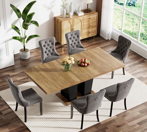 MELAABUU 7 Pieces Brown Extendable Dining Table Set, 63"-78.74" Expanding Modern Kitchen and Dining Room Table Set for 6, Rectangle Wooden Extendable Dining Table and Grey Velvet Upholstered Chairs MELAABUU