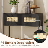 COSTWAY Rattan Console Table, Boho Narrow Sofa Table with 2 Storage Drawers and Open Shelf, 3-Tier Entryway Table with Sturdy Metal Frame for Living Room, Hallway, Foyer, 32 Inch (Black) COSTWAY