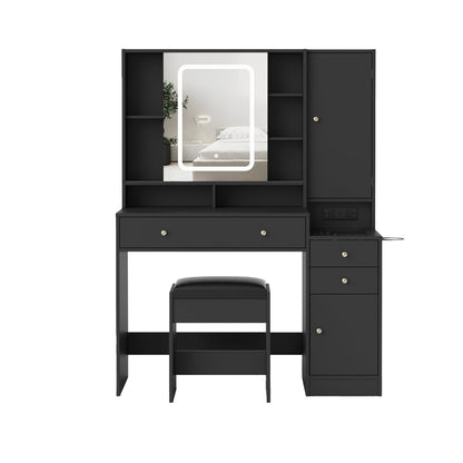 Vanity Table with Mirror, Lights and Charging Station - Glass Top Vanity with 3 Drawers, Jewelry Cabinet and Sliding Door, 42.8 Inches - WoodArtSupply