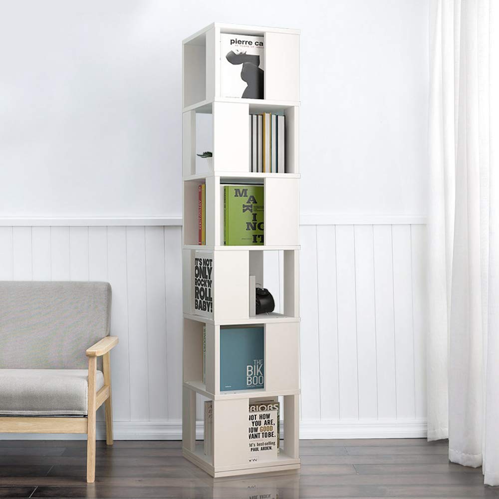 Modern 6-Tier Rotating Wooden Bookcase in White – Stylish Corner Storage Display Rack - WoodArtSupply