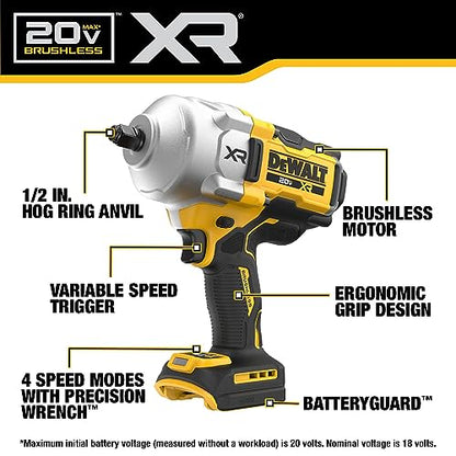 DEWALT 20V MAX Cordless Impact Wrench, 1/2" Hog Ring, High Torque, Brushless, Bare Tool Only (DCF961B) - WoodArtSupply