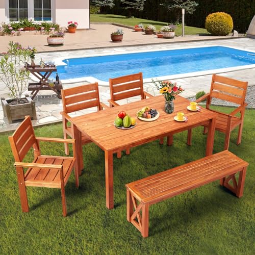 YOLENY 6 Piece Patio Dining Set, Teak Solid Wood, Indoor and Outdoor Wooden Furniture Sets for Backyard, Porch, Lawn, and Garden