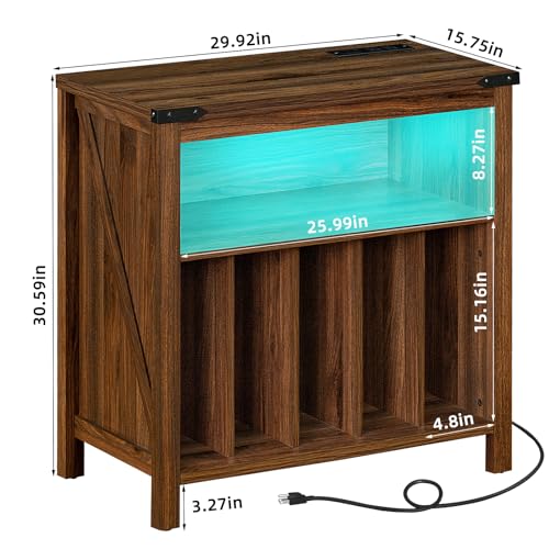 Joaxswe Large Record Player Stand with Charging Station & LED Lights, Brown Vinyl Record Storage Holder Holds up to 230 Albums, Turntable Stand with Display Shelf for Music Room Bedroom Living Room. Joaxswe