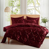 P Pothuiny 5 Pieces Satin Pintuck Duvet Cover Set, Silky Like Burgundy Pinch Pleat Duvet Cover Full/Queen Size Luxury Bedding Set with Corner Ties, 2 Pillow Shams + 2 Pillowcases (No Comforter) P Pothuiny