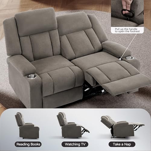 AIWOEN Manual Recliner Loveseat with Cup Holders, 2-Seater Fabric Reclining Sofa, Compact Wall Hugger Couch for RV, Small Living Room & Home Theater, Brown
