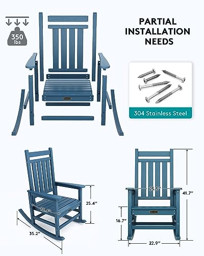 SERWALL Oversized Rocking Chair, Outdoor Rocking Chair for Adults, All Weather Resistant Porch Rocker for Lawn Garden, Blue - WoodArtSupply