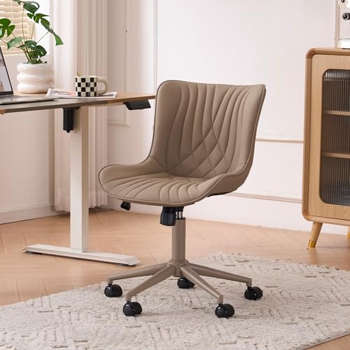 YOUTASTE All Khaki Office Chair, Modern Armless Desk Chair with Back, Adjustable Swivel Rolling Faux Leather Task Chair with Wheels Metal Base for Home Office, Study, or Vanity YOUTASTE