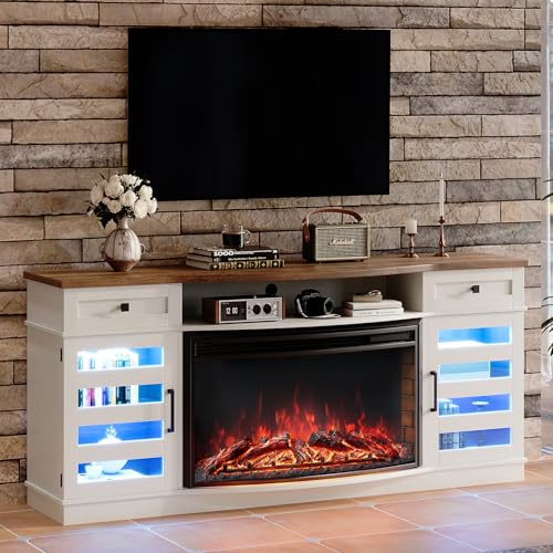 LUXOAK 70" Farmhouse Curved Fireplace TV Stand, LED Light Entertainment Center Table with 36'' Upgrade Electric Fireplace TV Console Cabinet for TVs Up to 80", Antique White Barnwood LUXOAK