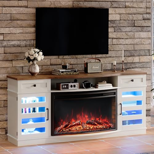 LUXOAK 70" Farmhouse Curved Fireplace TV Stand, LED Light Entertainment Center Table with 36'' Upgrade Electric Fireplace TV Console Cabinet for TVs Up to 80", Antique White Barnwood - WoodArtSupply