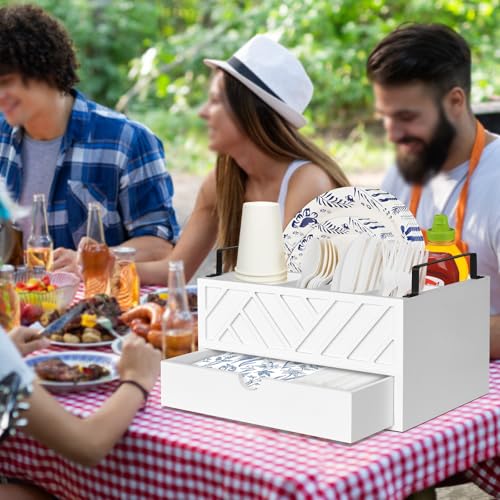 Paper Plate Dispenser with Drawer, Paper Plate Holder for Kitchen Counter, Wood Rustic Silverware Utensil Caddy, Cutlery Flatware Organizer for Cup Spoon Fork Plates Napkins, White Kitchen Accessories Zecela