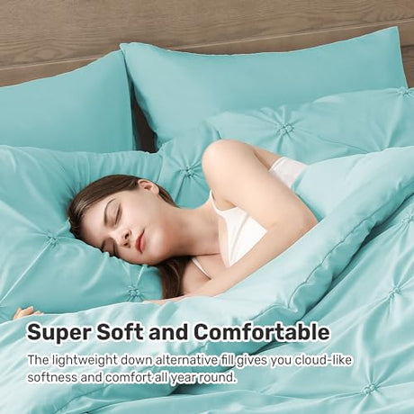 UNIKOME King Size Comforter Set Aqua Blue - Ultra Soft Boho Pintuck Down Alternative Bedding Set for All Seasons, 3 Pieces Lightweight Warm Pinch Pleat Bed Set with Comforter, 2 Pillowcases UNIKOME