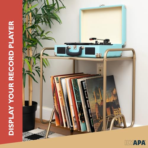 Ilyapa 2-Tier Gold Metal Record Player Stand with 16 Slot Vinyl Record Holder - Honeycomb Design Turntable Shelf with Vinyl Shelf Ilyapa