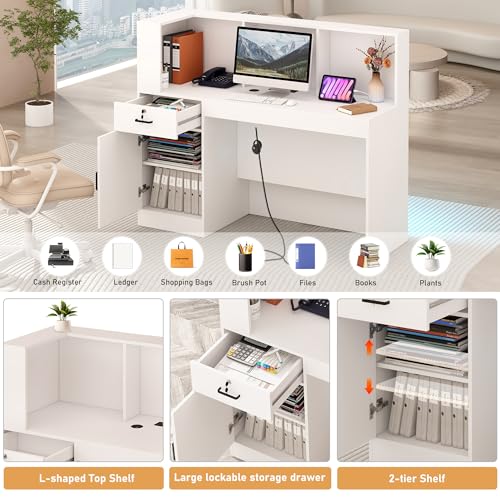 63" Reception Desk with LED Lights Power Outlets,L-Shaped Modern Front Table Reception Room Table with Cable Grommet,Lockable Drawers,Retail Checkout Counter for Lobby,Salon,Home Office Desk,White